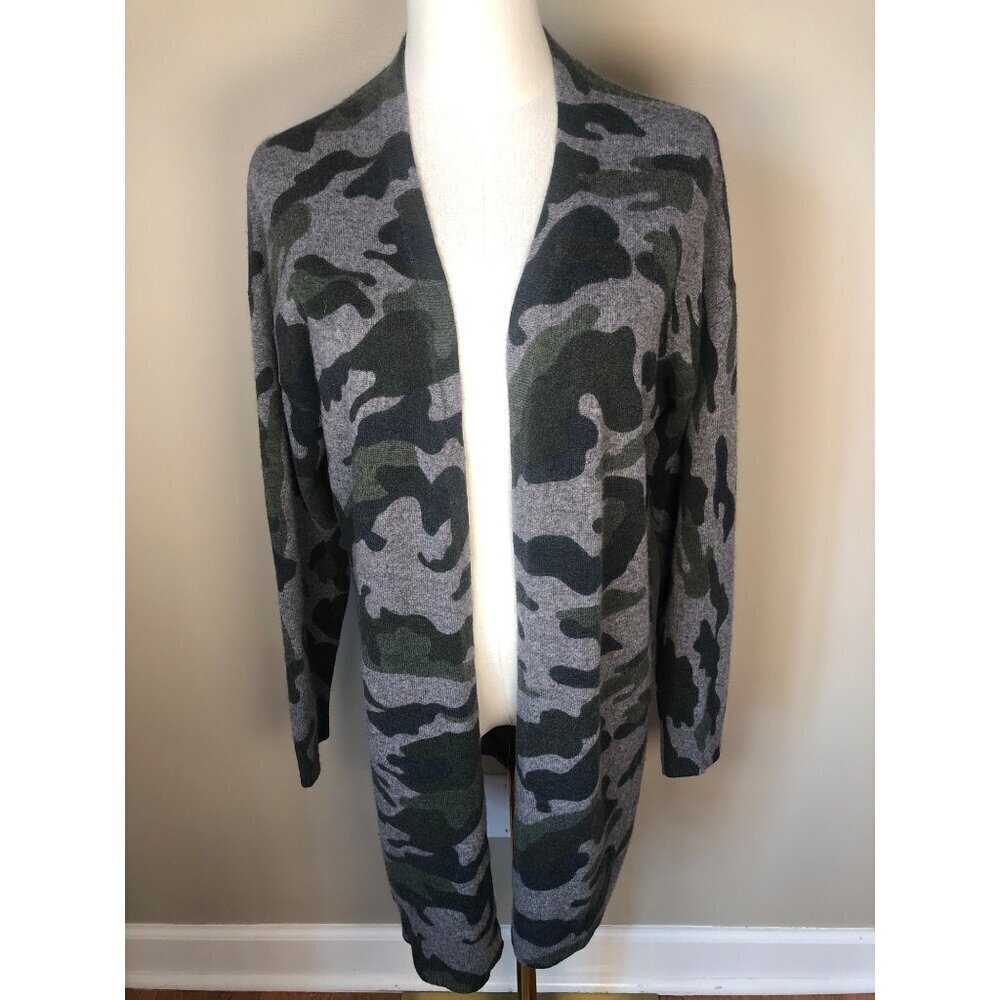 Magaschoni Camo Open Front Cashmere Olive/Grey Duster Cardigan Size M